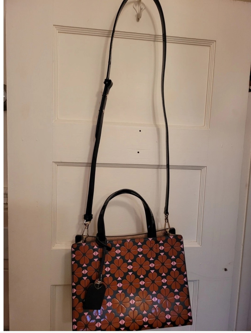 KATE SPADE SAM FLORAL TOTE CROSSBODY PATENT NAVY BLUE BROWN PINK w FOB - Picture 10 of 13